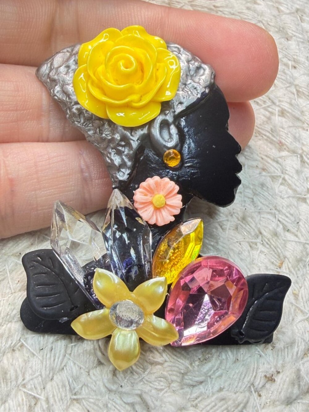 ULTRA CRAFT Lady Profile Brooch | OOAK Upcycled Floral Jewel | Vintage Pin